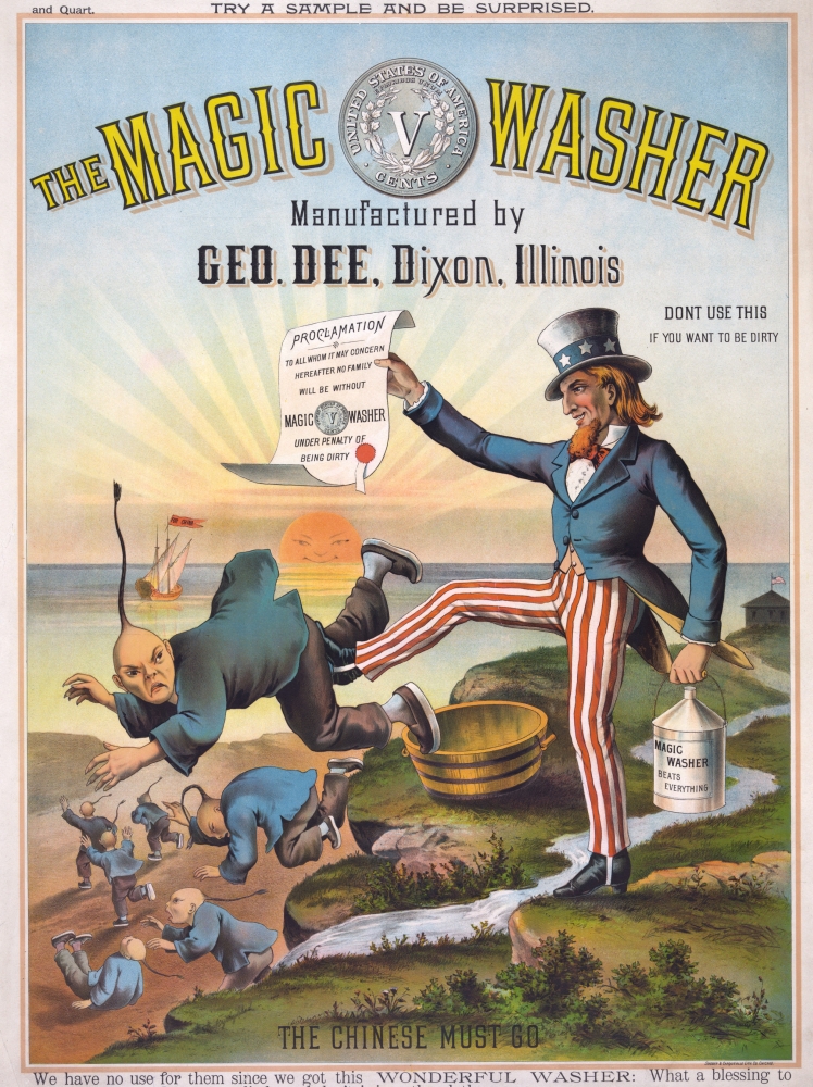The magic washer. Uncle Sam kicking Chinese out of the United States, 1886